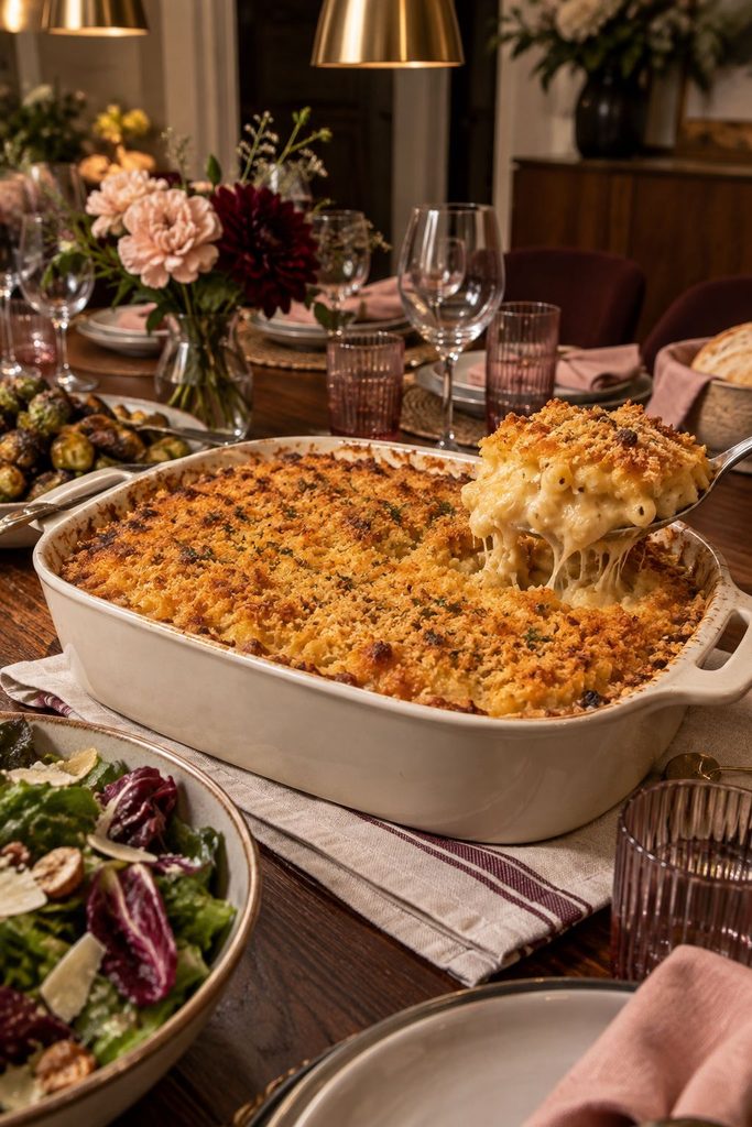 A bubbling dish of baked mac and cheese with a golden panko crust and a scoop lifted out