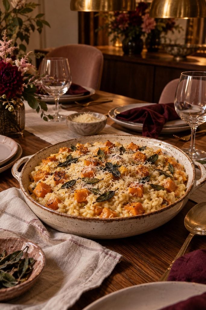 Creamy baked butternut squash risotto in a rustic dish, golden and topped with fresh herbs