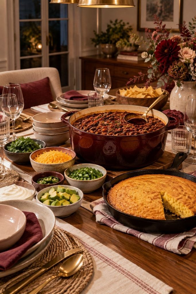 A bowl of thick beef chili with cheddar and scallions beside a golden skillet of cornbread