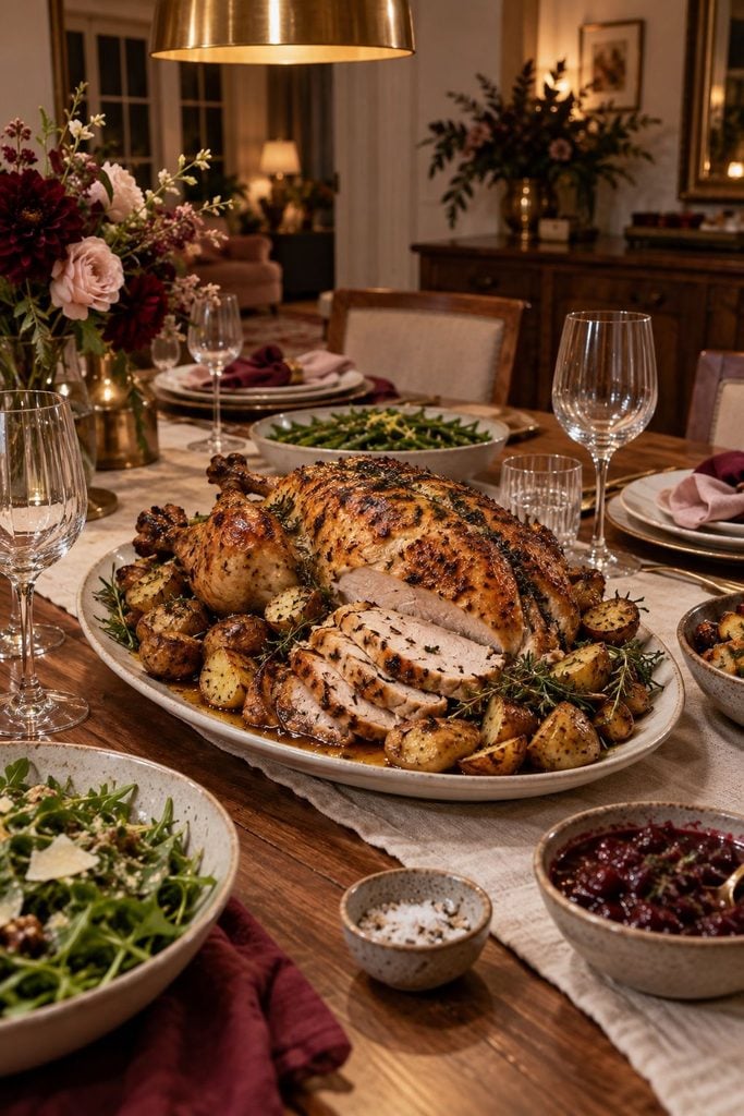 A golden whole roasted chicken on a bed of crisp potatoes with lemon and fresh herbs