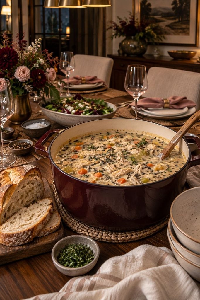 A mug of thick, creamy chicken and wild rice soup with carrots and thyme