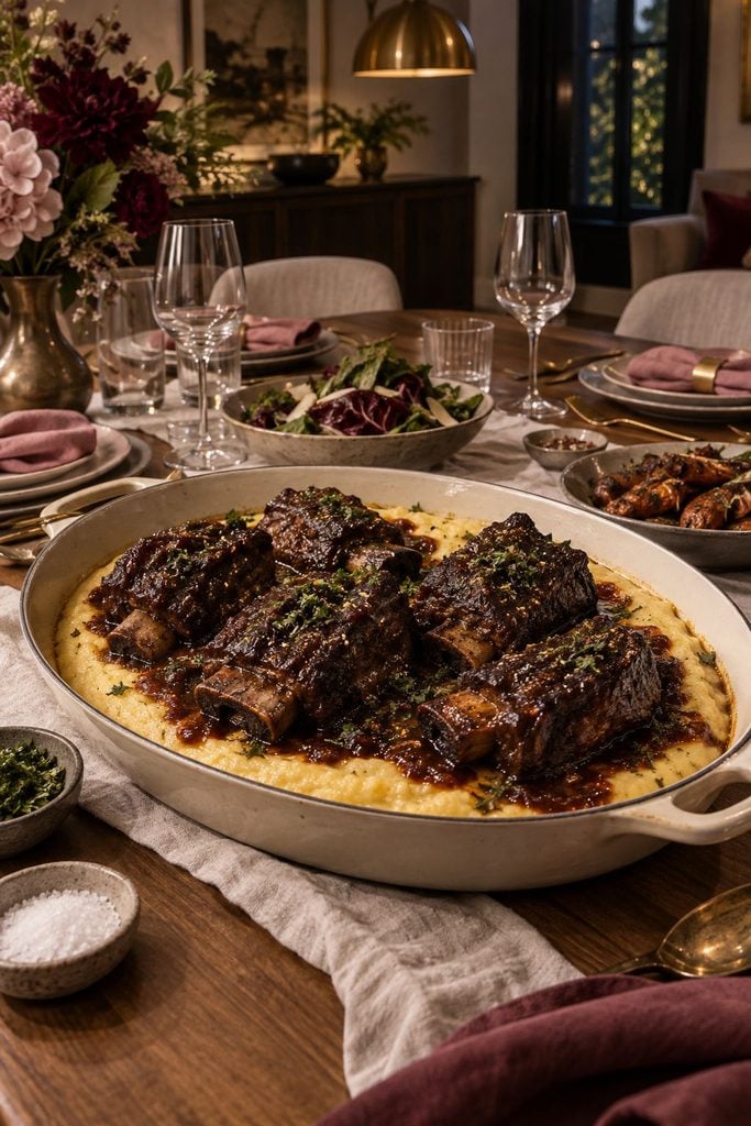 Fall-apart short ribs in dark red wine gravy on a bed of creamy parmesan polenta