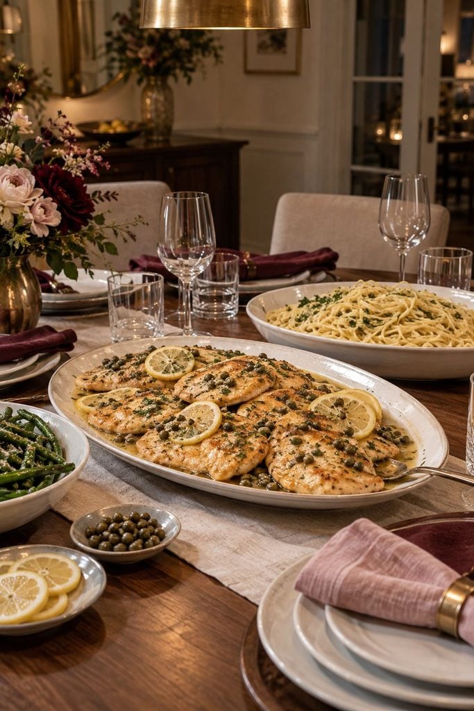 Golden chicken cutlets in a glossy lemon caper sauce sprinkled with parsley