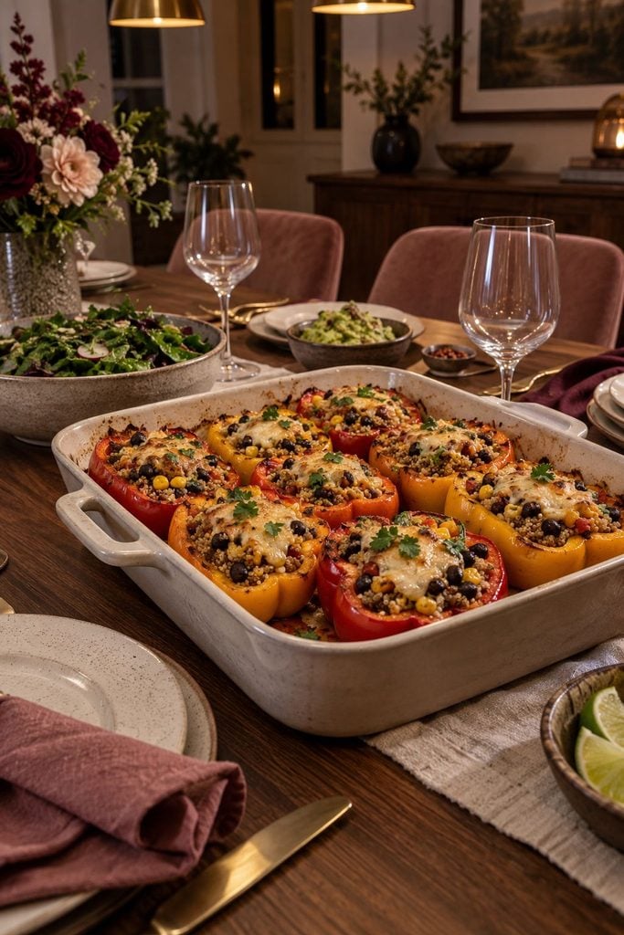 Halved bell peppers stuffed with quinoa, black beans, corn, and melted cheddar on a platter