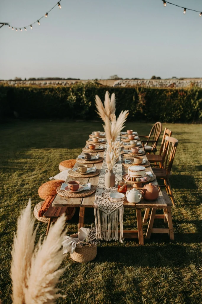 Rattan chargers, a macrame table runner, and tall dried pampas grass stems in a ceramic vase