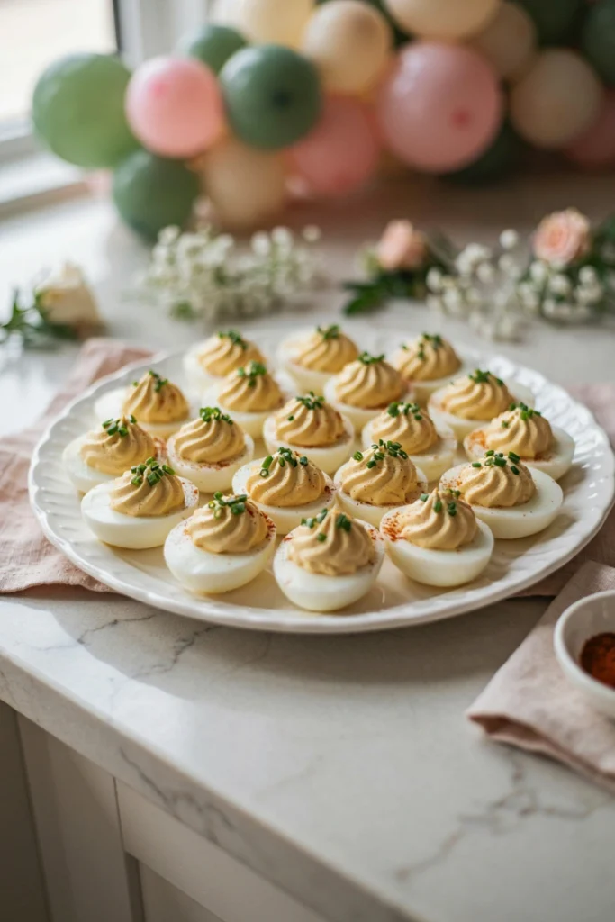 Piped deviled eggs topped with paprika and chives on a scalloped platter