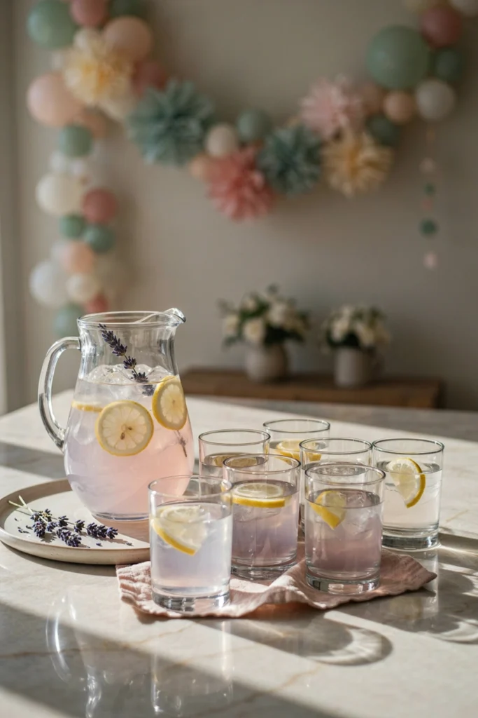 A pitcher of pale purple lavender lemonade with lemon slices