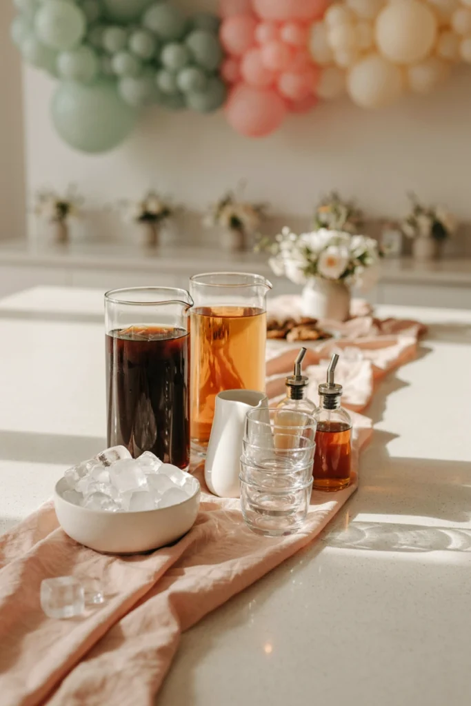 A self-serve iced coffee and tea station with labeled syrup bottles