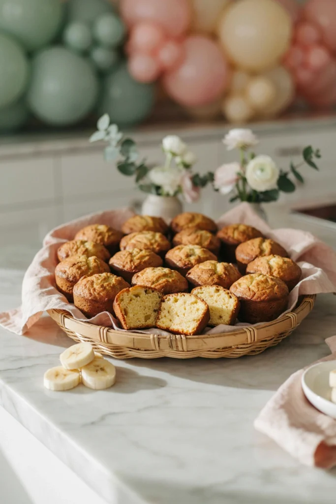 Crackle-topped banana bread muffins, some sliced open