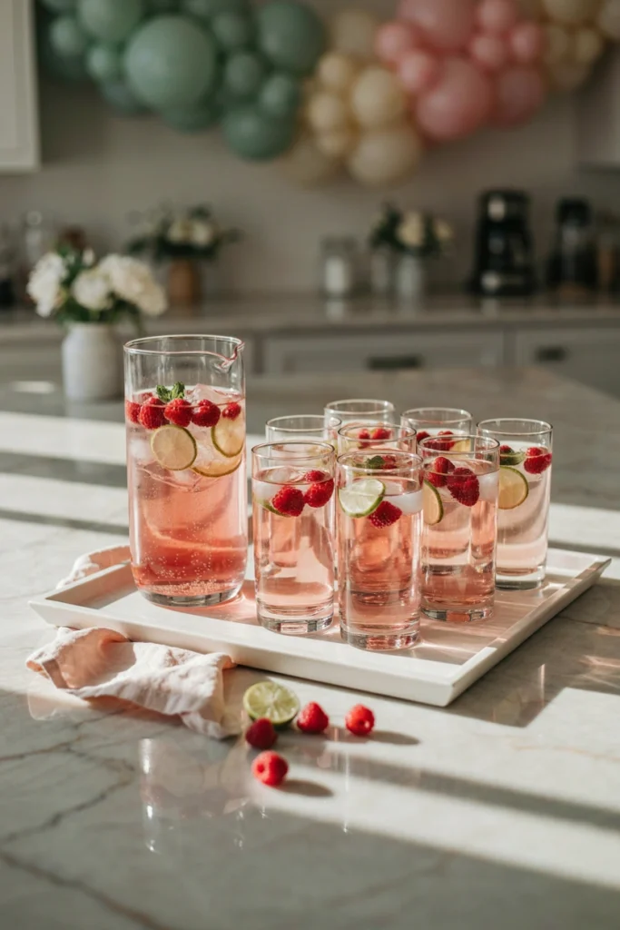 A pitcher and glasses of sparkling berry mocktail with fresh raspberries