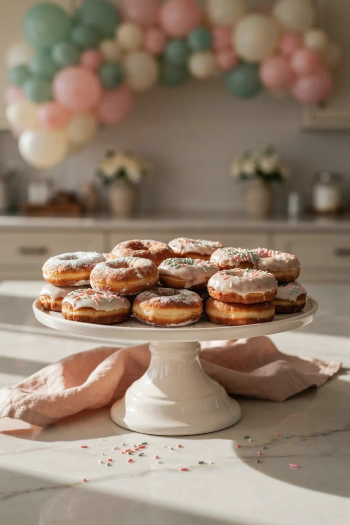Mini powdered and sprinkle-covered donuts on a rustic wood board