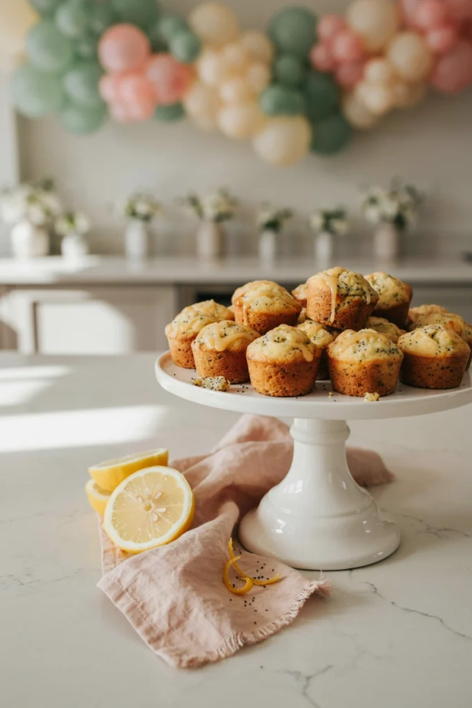 Glazed mini lemon poppyseed muffins cooling on a wire rack