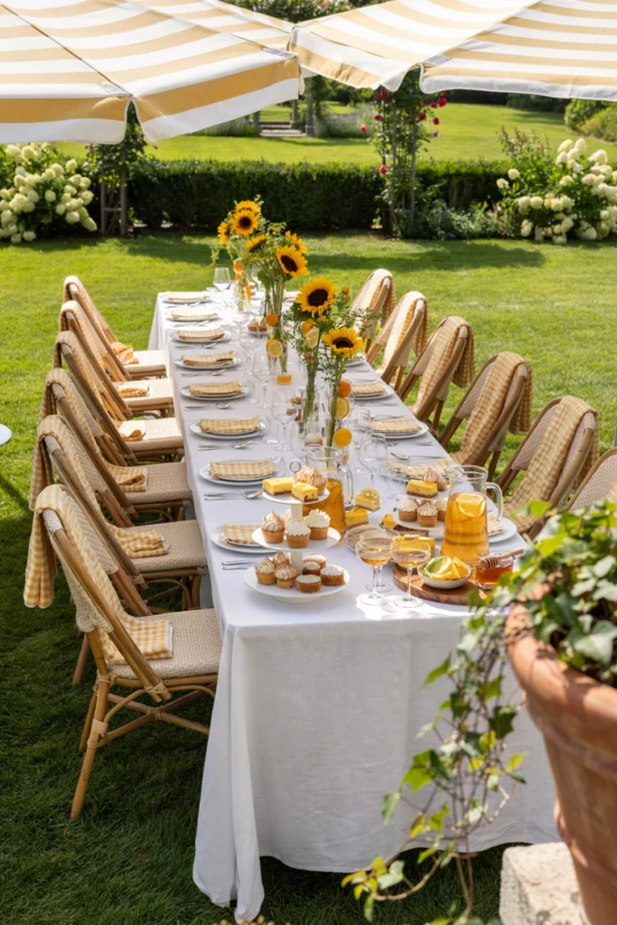 Sliced citrus fruit scattered among sunflowers and yellow gingham napkins on a summer tea party table