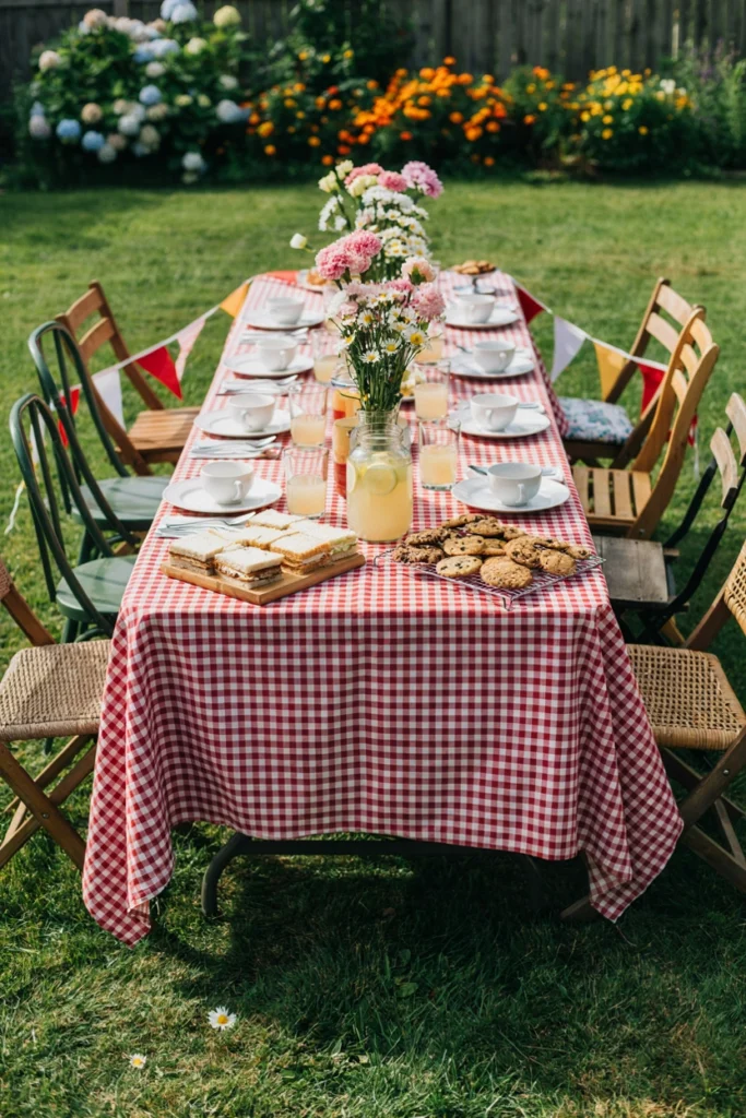 Simple gingham tablecloth with an affordable bouquet of carnations and daisies in a repurposed jar