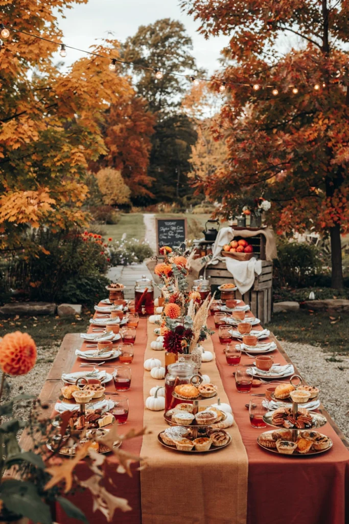 Rich orange and burgundy dahlias with copper-toned flatware and small pumpkins as table accents