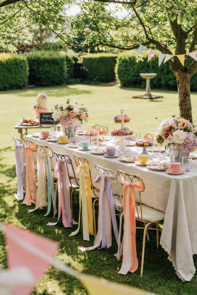 Garden chairs tied with loose, flowing ribbons in a sherbet color palette of peach, yellow, and lavender