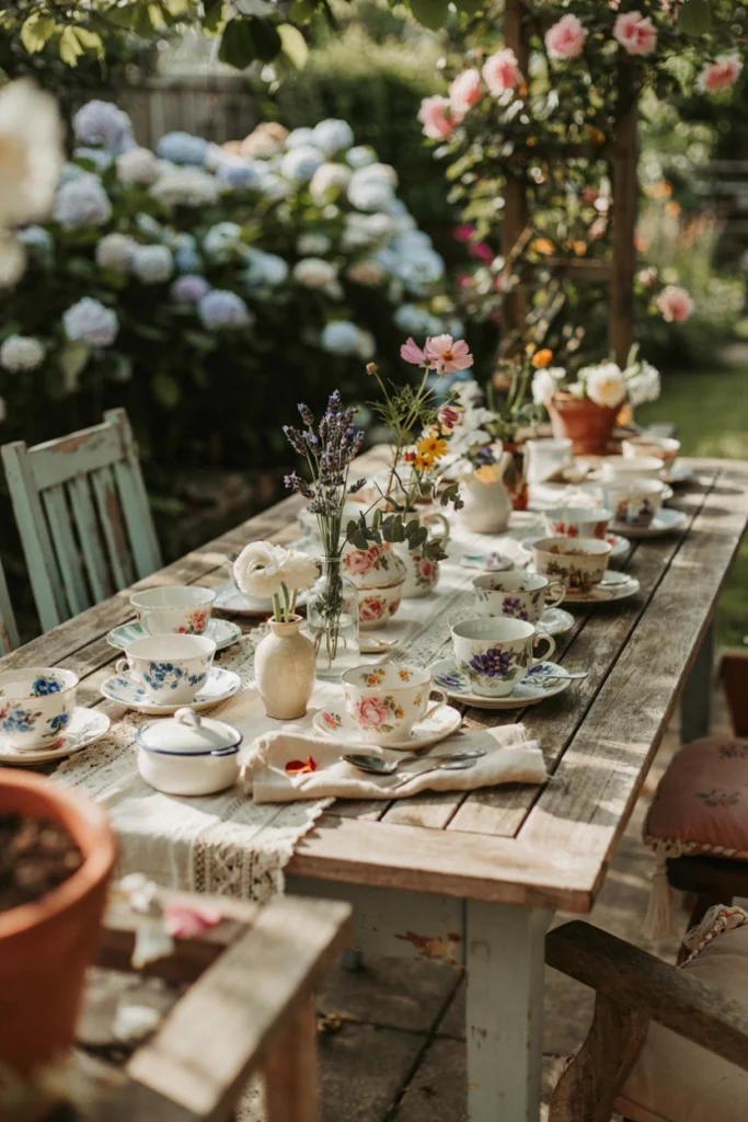 Collection of different floral-patterned teacups and saucers arranged along a lace table runner