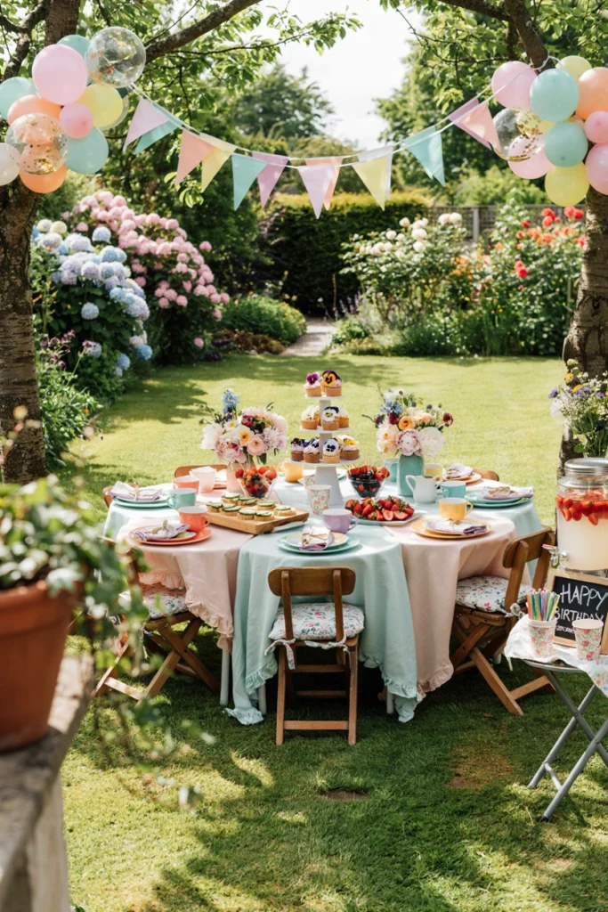 Colorful unbreakable plastic teacups paired with cupcakes topped with real edible flowers