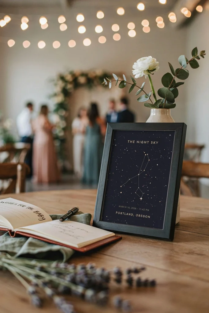A small framed star map showing the night sky from the baby's expected due date and birth city, displayed near the guest book table.