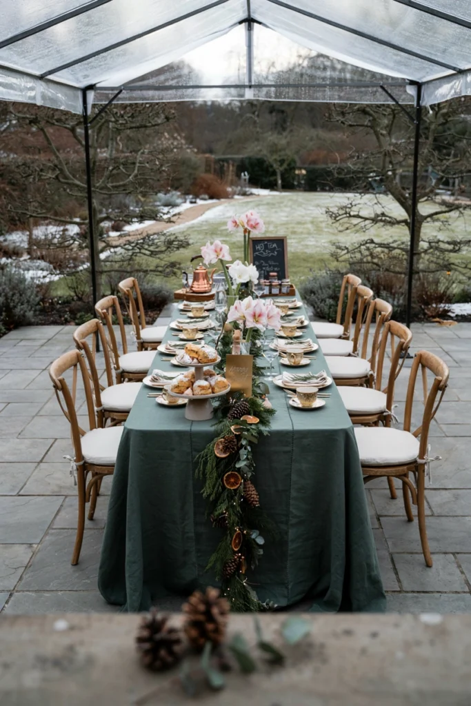 Evergreen sprigs and white amaryllis with taper candles down the center of a dark green tablecloth