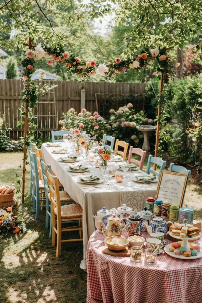 Self-serve tea station on a vintage tray with a collection of thrifted teapots and a chalkboard tea menu