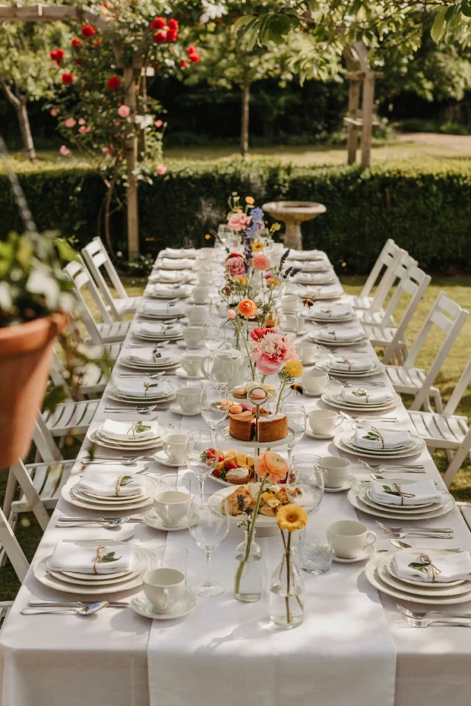 Row of small glass bud vases each holding a single stem of a different flower down the table
