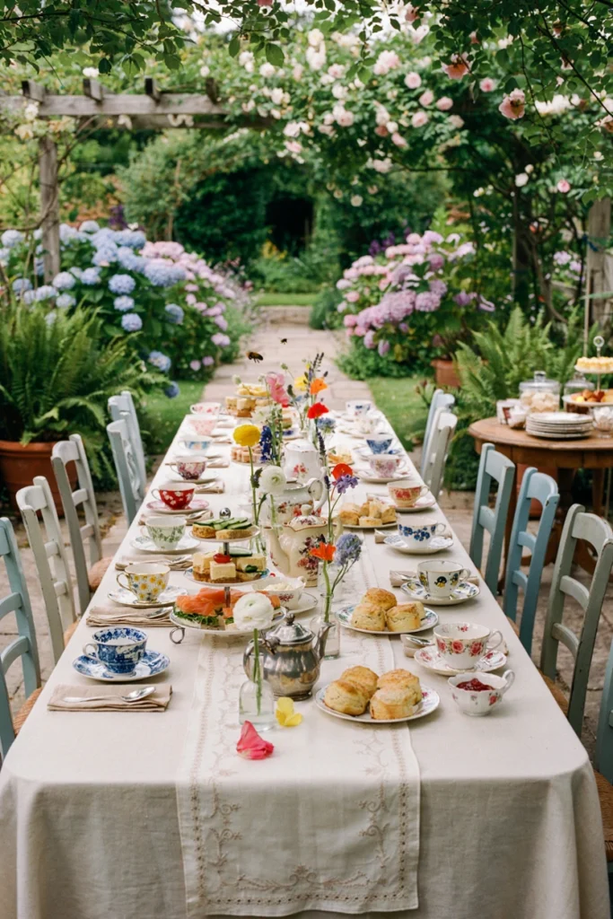Ivory lace tablecloth with a low, cascading arrangement of white garden roses down the center of the table