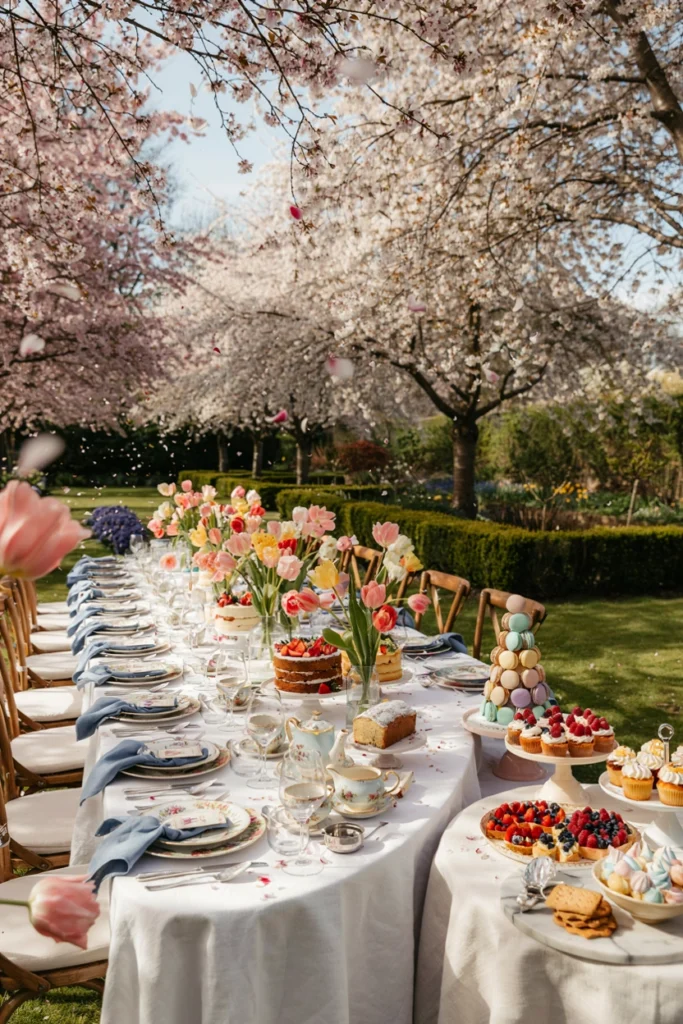 Pastel-toned tea party table with tulips in soft pinks and yellows alongside a tower of pastel macarons