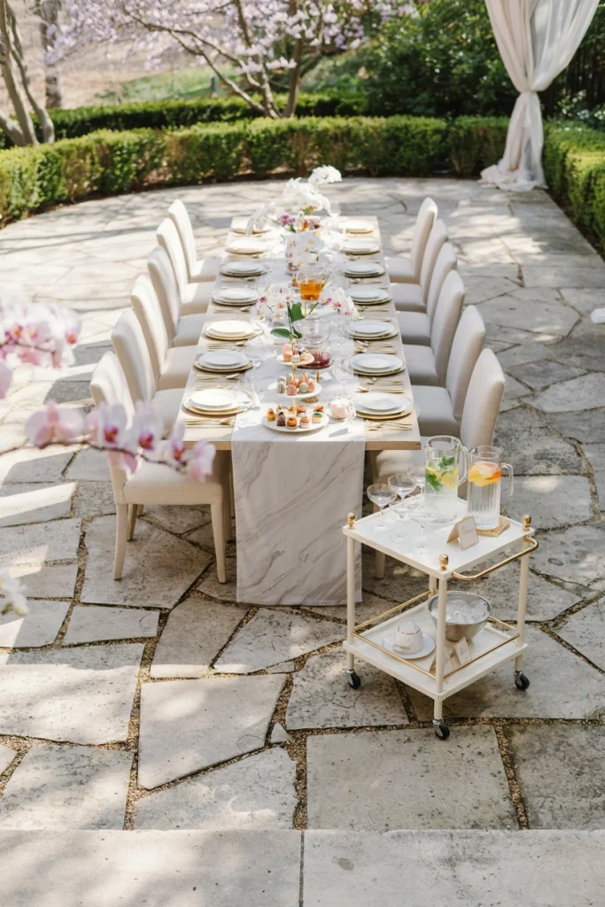 Faux-marble table runner with gold flatware and simple white orchid stems in low vases