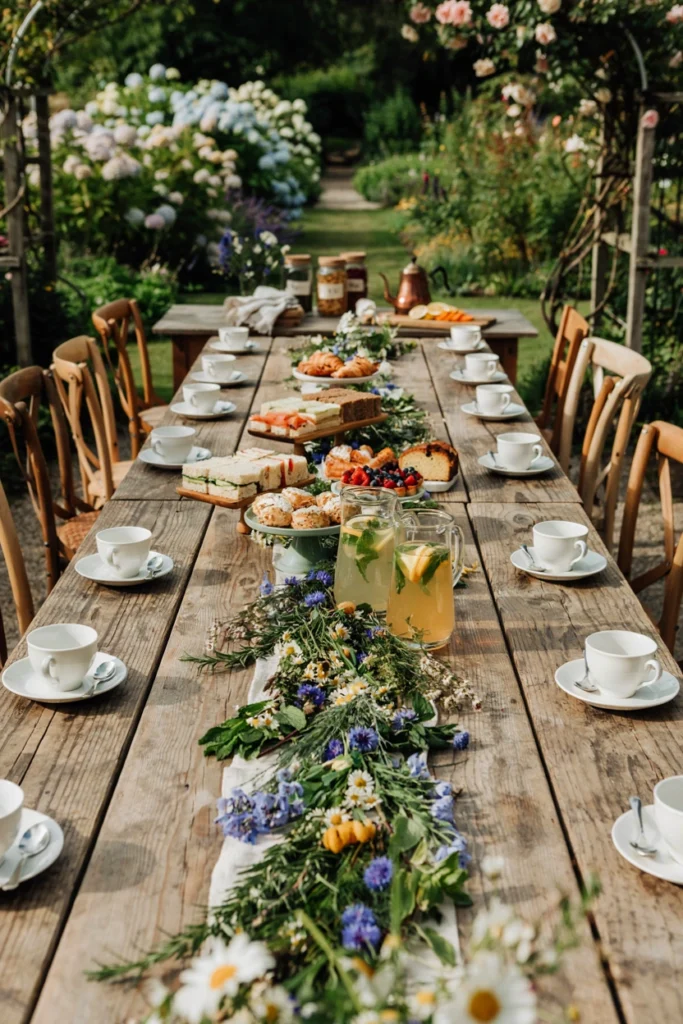 Terracotta pots holding olive branches alongside earthy stoneware cups on a raw linen tablecloth