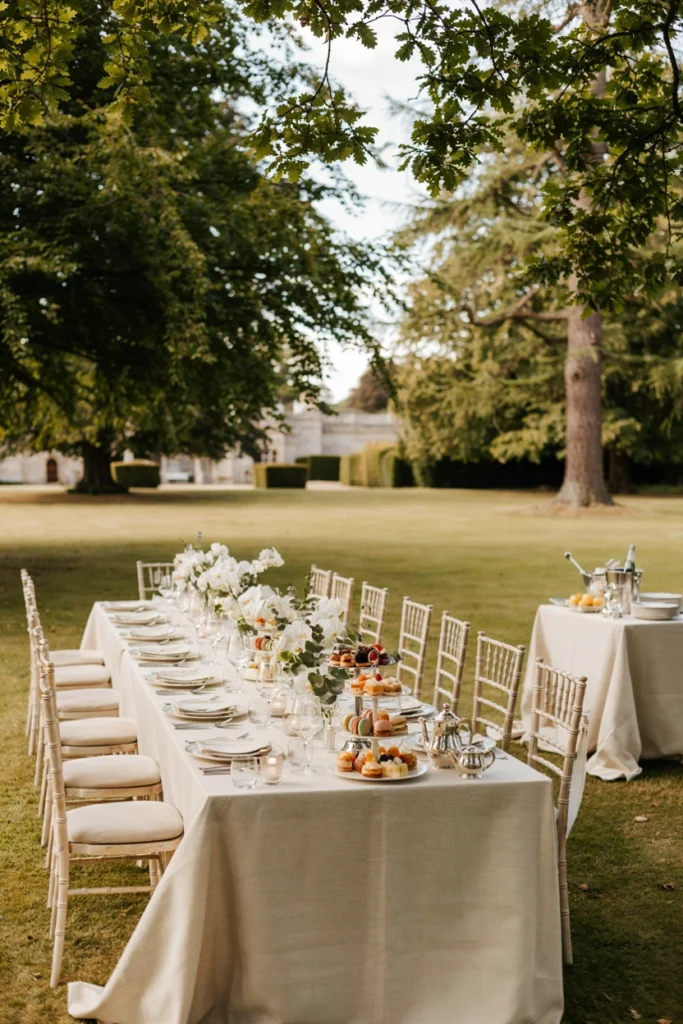Polished silver tea service surrounded by white orchids on a heavily draped tea party table