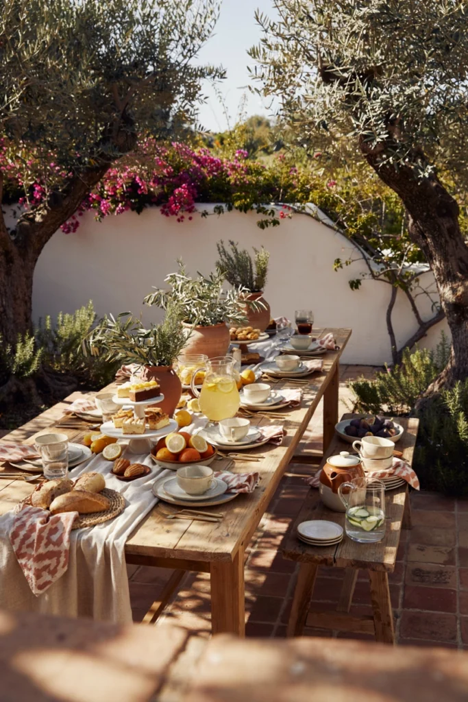 Lush hanging backdrop of ferns and eucalyptus behind a simple white garden tea party table setting