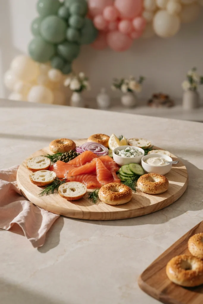 A bagel and lox board with cream cheese, capers, and red onion