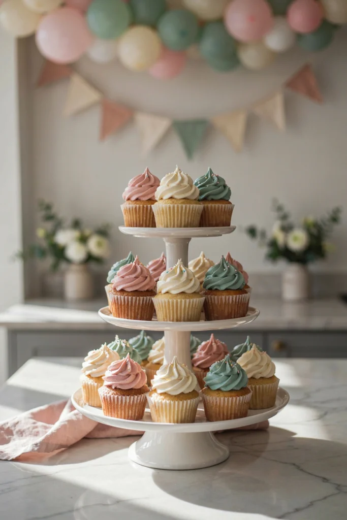 Pastel piped vanilla cupcakes on a tiered stand