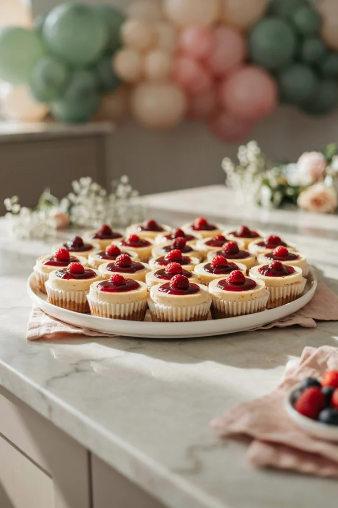 Mini cheesecakes topped with glossy red berry compote