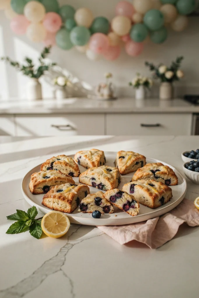 Wedge-shaped blueberry scones with a lemon glaze on parchment paper