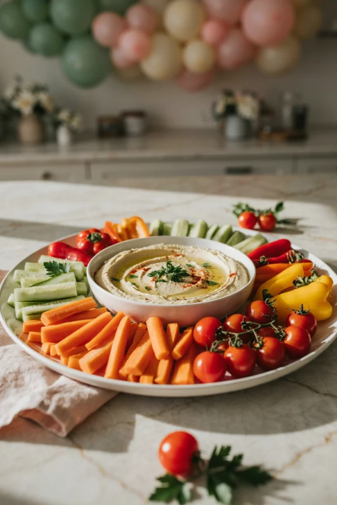 A colorful platter of store-bought hummus surrounded by fresh vegetables