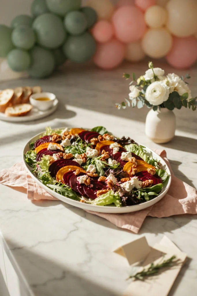 Roasted beet slices layered with goat cheese and greens on a platter