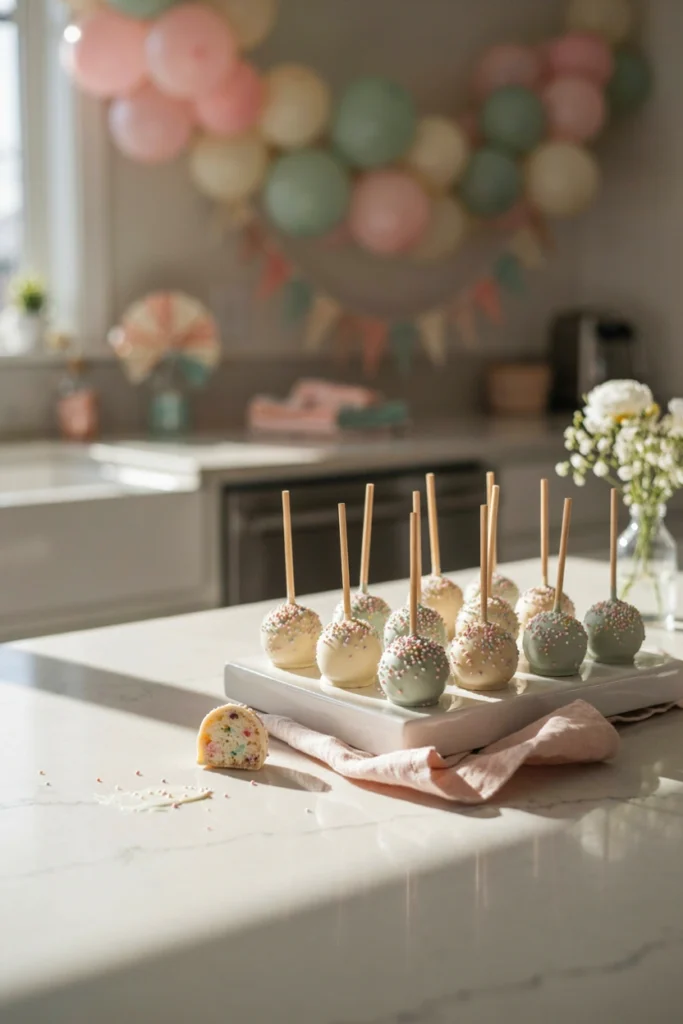 Sprinkle-coated funfetti cake pops standing in a foam display block