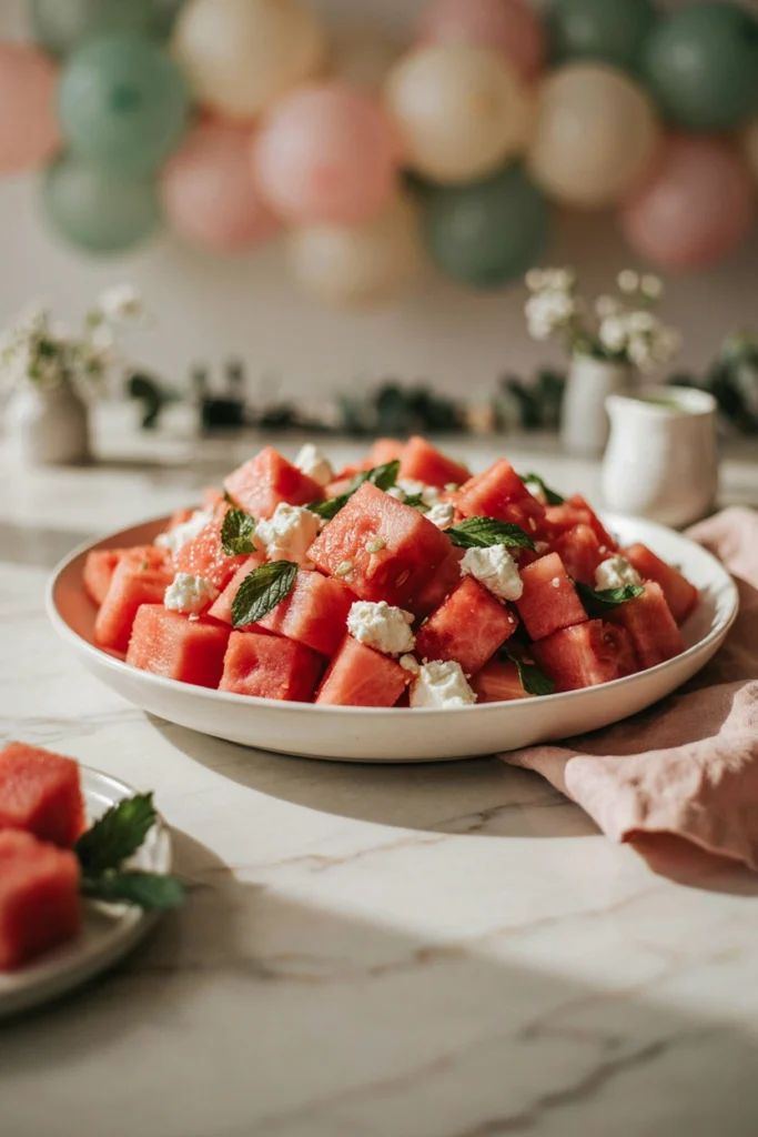 Watermelon cubes tossed with feta and mint in a shallow white bowl