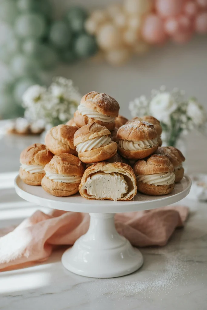Golden cream puffs dusted with powdered sugar on a serving tray