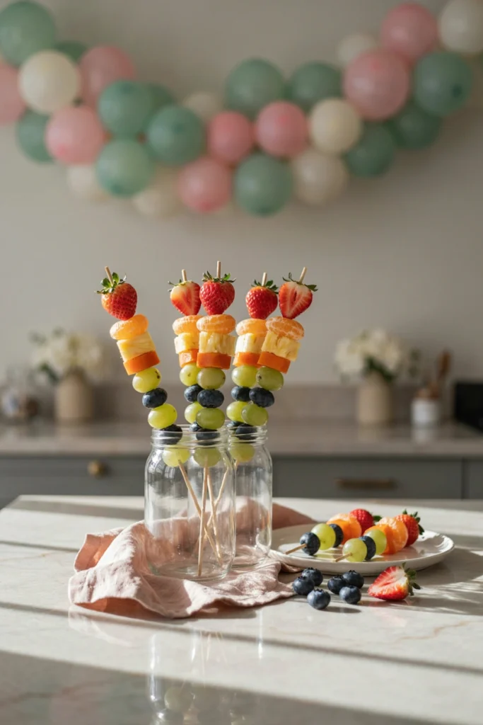 Rainbow fruit kabobs standing upright in glass jars