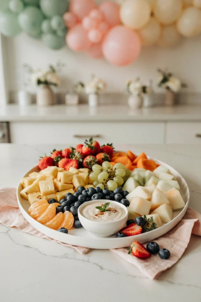 A grocery store fruit tray transferred onto a decorative platter with a bowl of dip