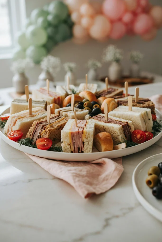 A deli sandwich platter garnished with fresh herbs and olives