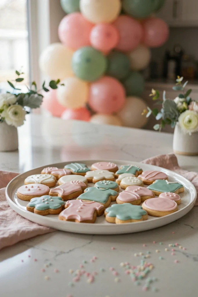 Pastel iced sugar cookies cooling on a rack