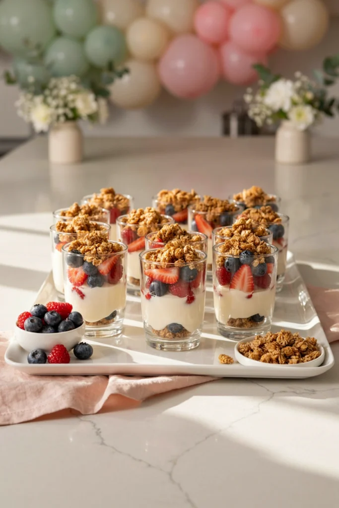 Layered yogurt parfaits with granola and berries in glass cups
