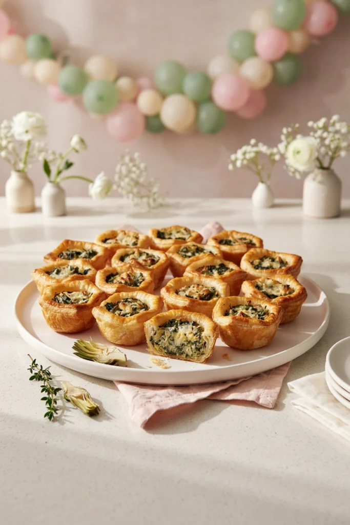 Golden puff pastry cups filled with creamy spinach artichoke dip