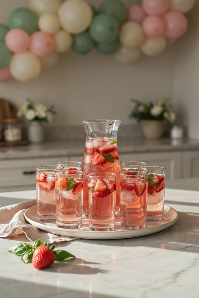 A pink strawberry basil spritzer poured over ice with basil leaves