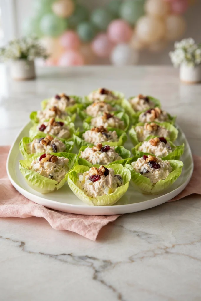 Chicken salad served in small lettuce cups on a tray