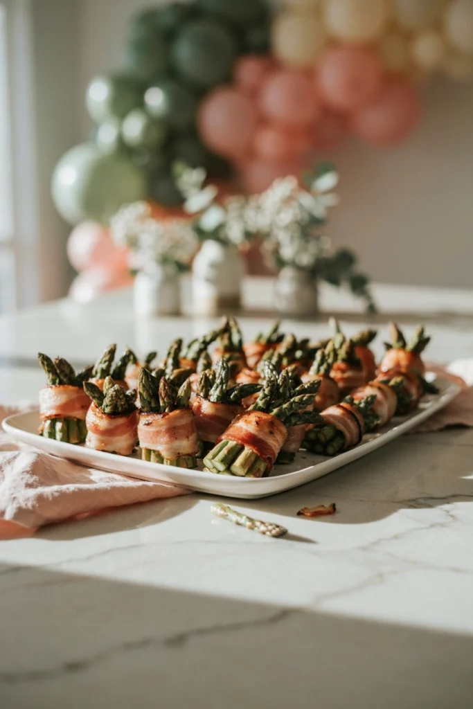 Bundles of bacon-wrapped asparagus stacked on a serving board